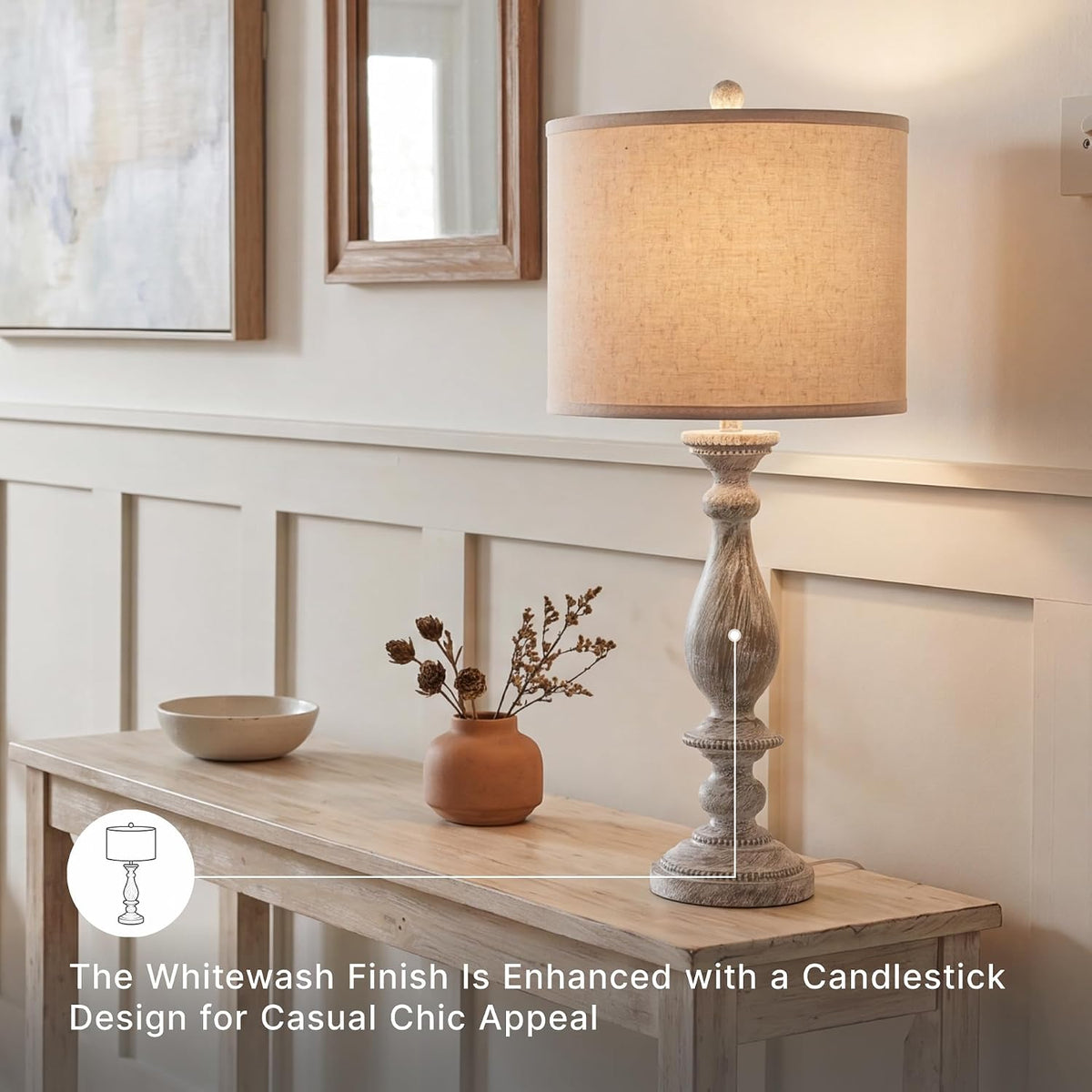 Signature Design by Ashley Table Lamps Set of 2, Tall Farmhouse, Whitewash | Durable 33-inch H cast resin pedestal base, Light fabric drum shade, Farmhouse style for end tables, Bernadate Series
