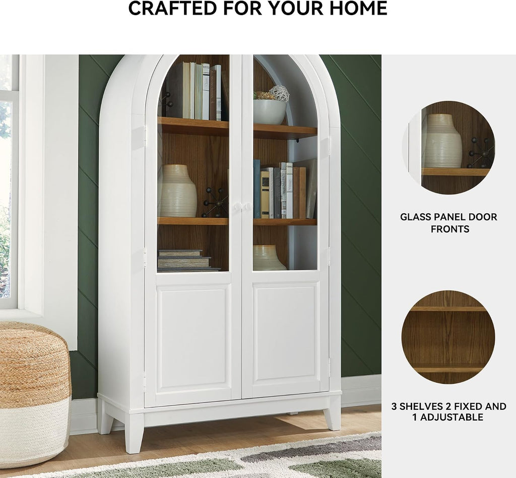 Signature Design by Ashley Dagandale Arched Accent Cabinet with Glass Doors, Quick 15-Minute Assembly, Wood and Tempered Glass, Display Storage for Living Rooms, White/Natural, 40" W x 74" H