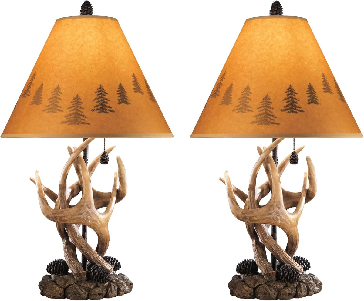 Signature Design by Ashley Derek Rustic Table Lamps, Living Room, Set of 2 | Durable poly resin antler base, Warm translucent paper silhouette shade projecting forest scenes, Rustic cabin style