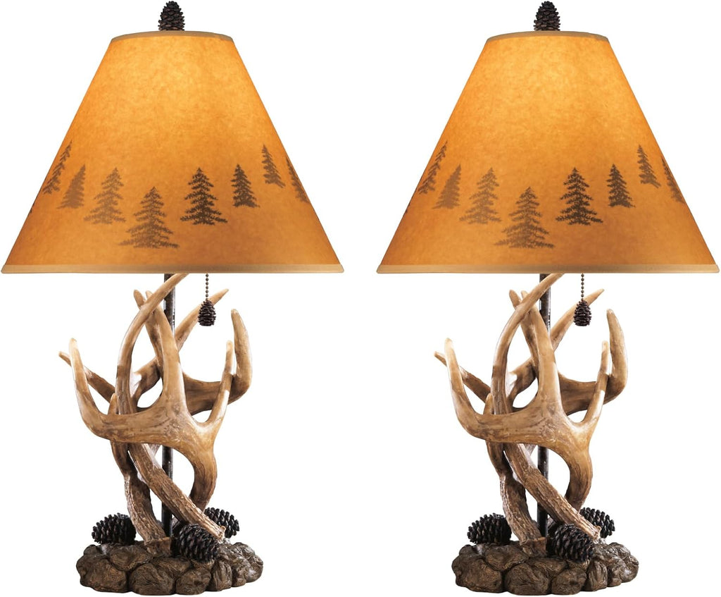 Signature Design by Ashley Derek Rustic Table Lamps, Living Room, Set of 2 | Durable poly resin antler base, Warm translucent paper silhouette shade projecting forest scenes, Rustic cabin style