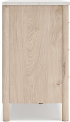 Signature Design by Ashley Cadmori Casual Bohemian Dresser with Post Legs and 6 Drawers, Replicated Marble Top, Wood, 35" High, White and Light Brown Finish