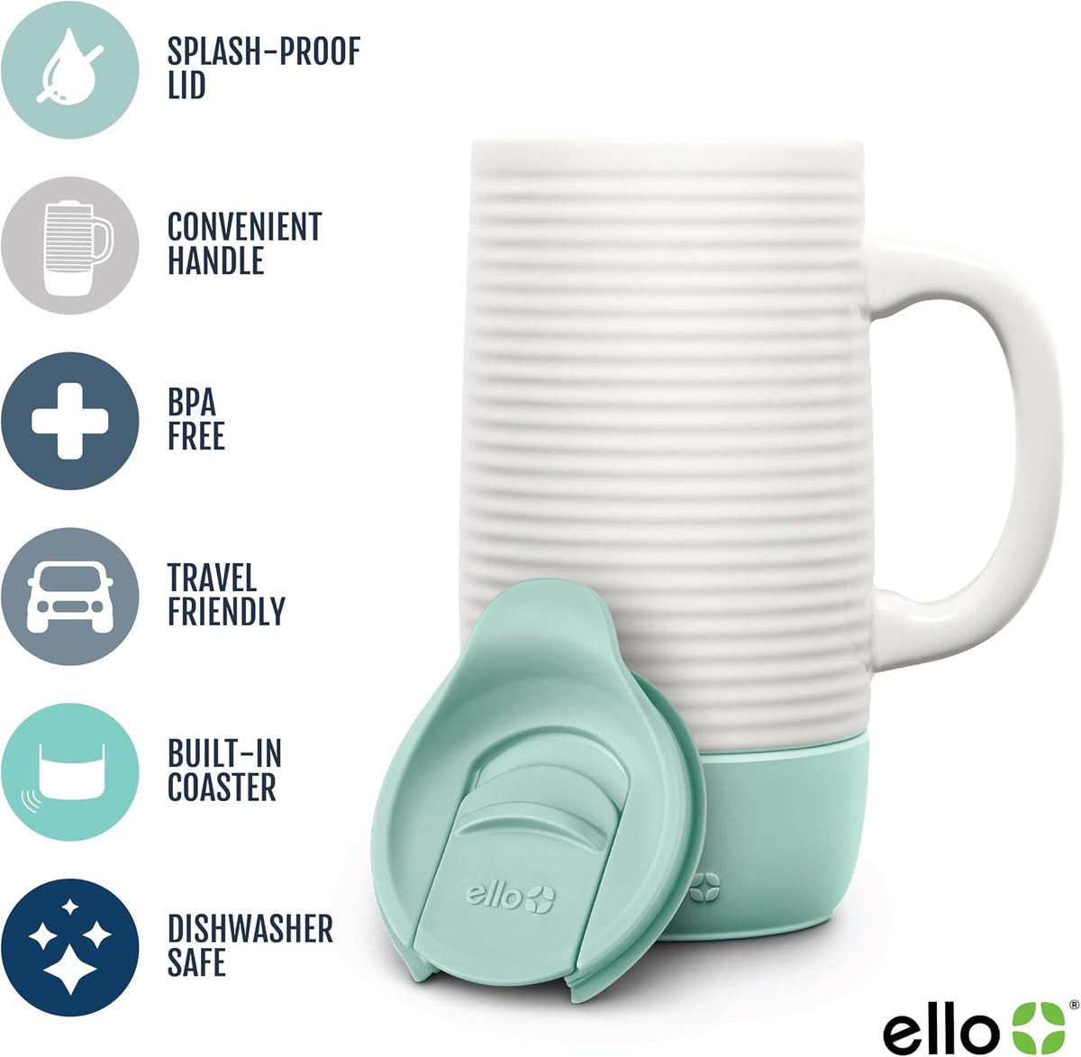 Ello Jane 18oz Ceramic Travel Mug with Handle, Splash-Resistant Slider Lid and Built-in Coaster, Perfect for Coffee and Tea, BPA Free, Dishwasher Safe, Holiday Gift Her Him, Yucca