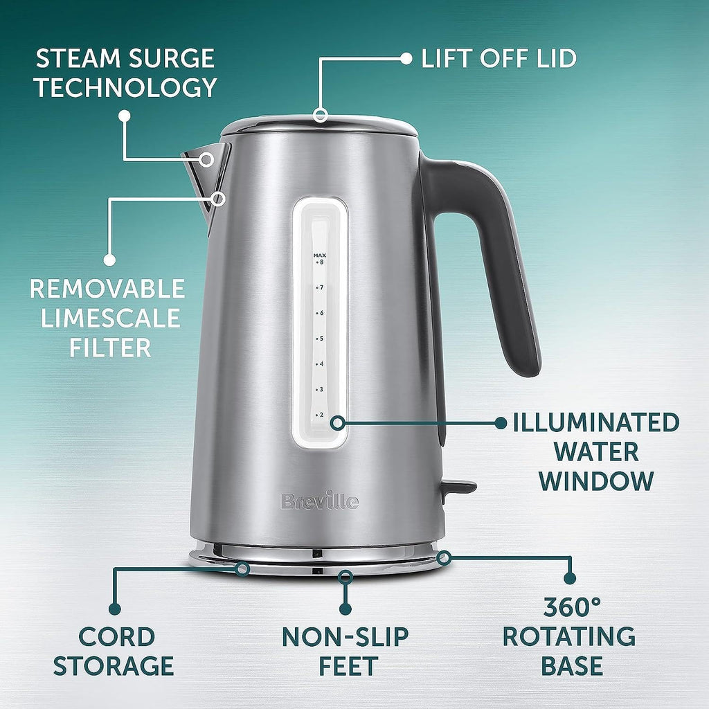 Breville Edge Low Steam Kettle | 1.7L | 3kW Fast & Quiet Boil Kettle | Energy Efficient | Brushed Stainless Steel [VKT236]