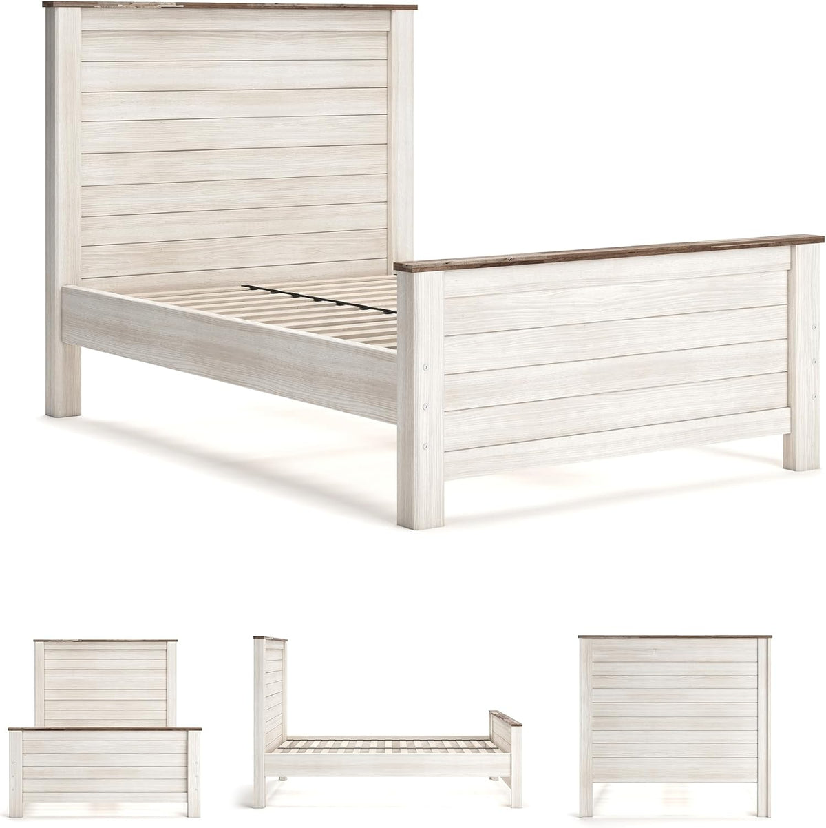 Signature Design by Ashley Coastal Wood Full Panel Bed, Whitewash | Durable engineered wood construction, Rustic whitewash finish, Includes headboard, footboard, and rails, Willowton Series
