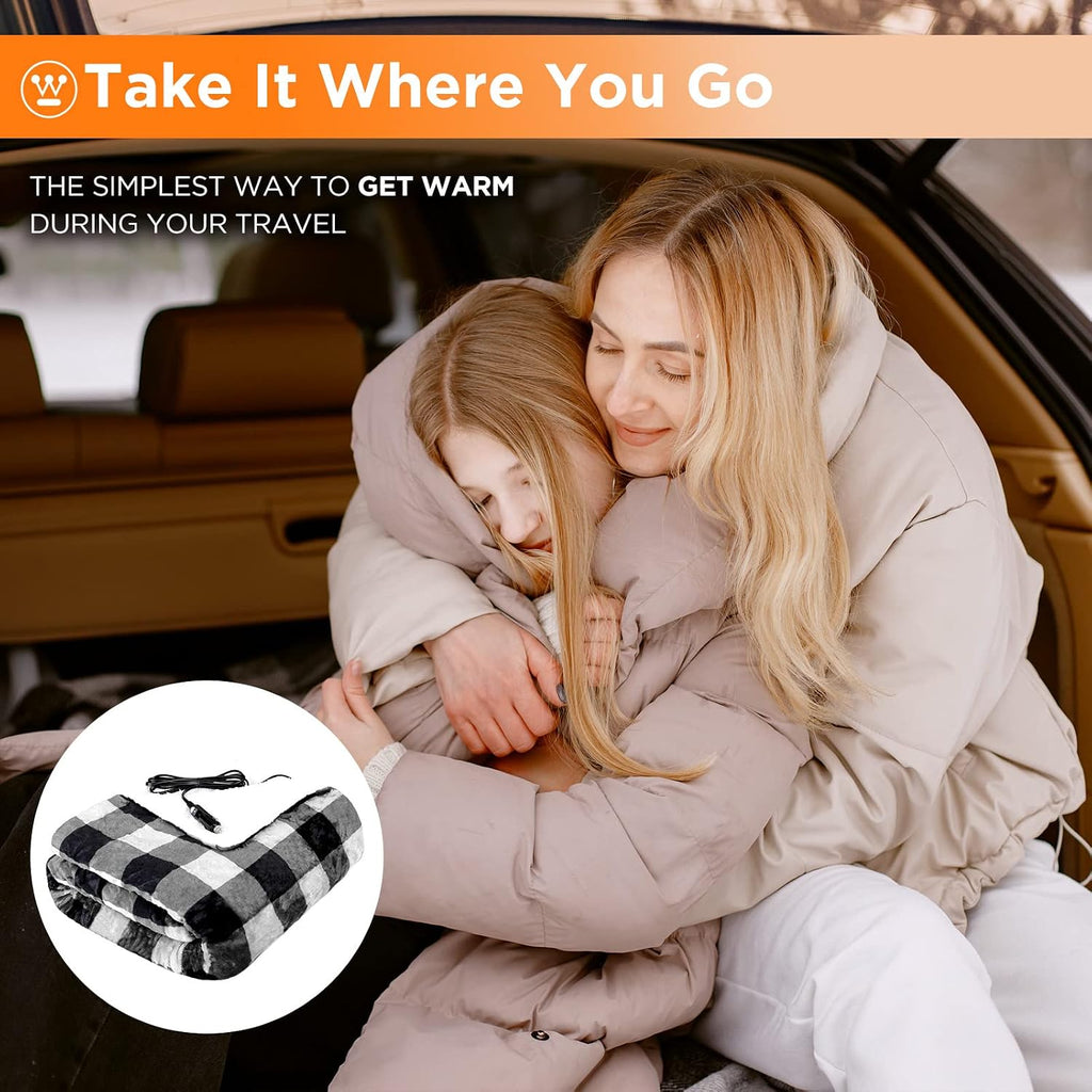 Westinghouse Heated Car Blanket, Grey Buffalo Plaid, 59" x 43”