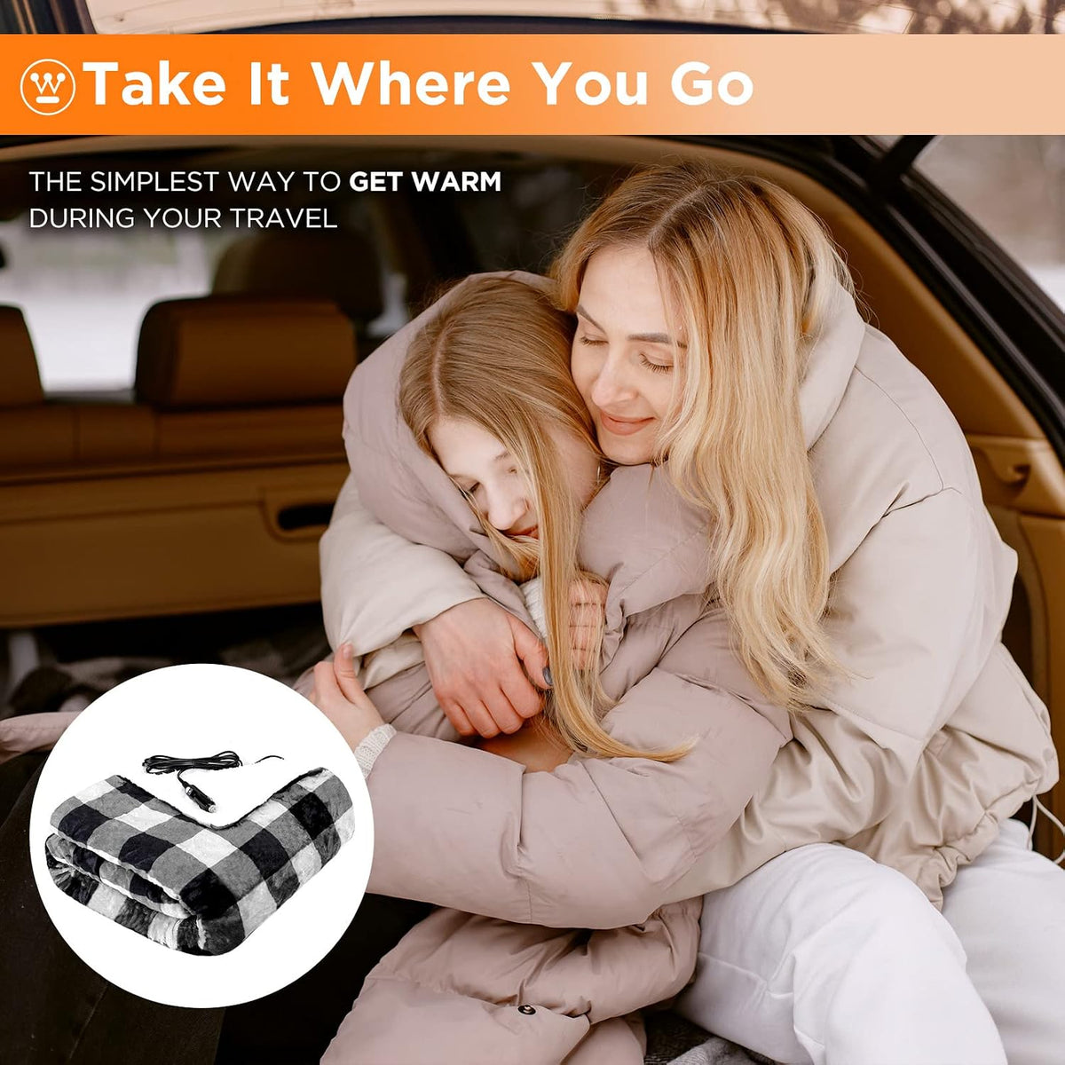 Westinghouse Heated Car Blanket, Grey Buffalo Plaid, 59" x 43”
