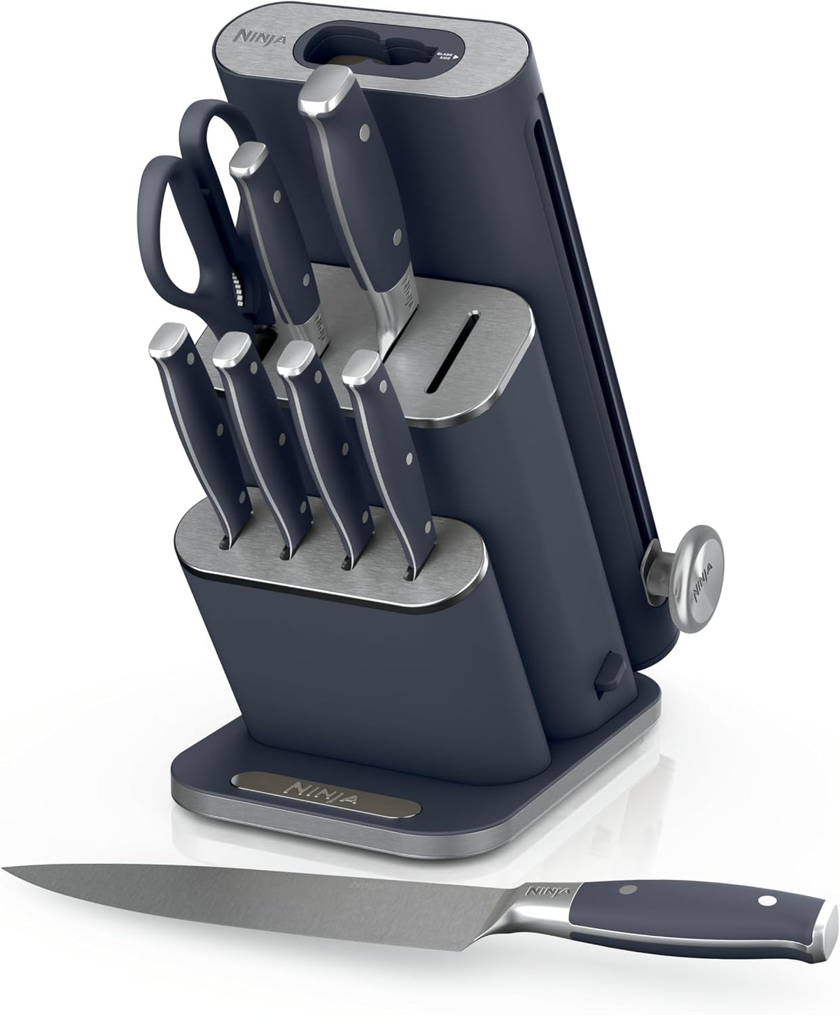 Ninja® NeverDull® 10-Pc German Steel Knife Set, Cyberspace, NK32010BL1 | Stays razor-sharp 10+ years. Premium German steel. Removable sharpener stores in a drawer saving up to 35% more counter space