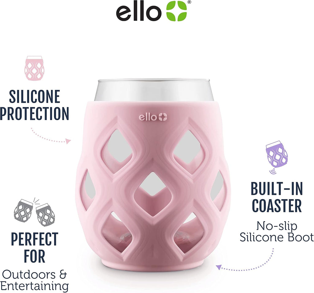 Ello Cru 17oz Stemless Wine Glasses with Silicone Sleeves, 4 Pack, Cashmere
