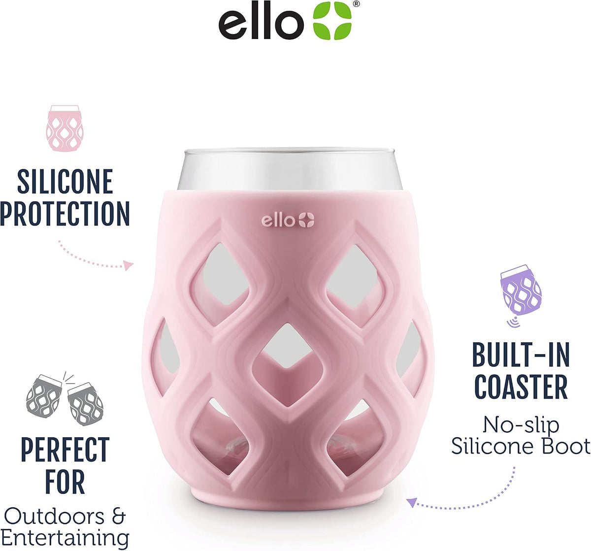 Ello Cru 17oz Stemless Wine Glasses with Silicone Sleeves, 4 Pack, Cashmere