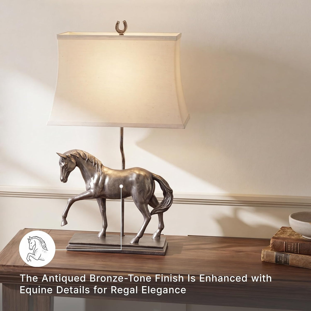 Signature Design by Ashley Sandorman Horse Table Lamp, Bronze | Stately equine polyresin sculpture base, 3-way rotary switch with dark fabric shade, Ideal for living rooms and bedrooms