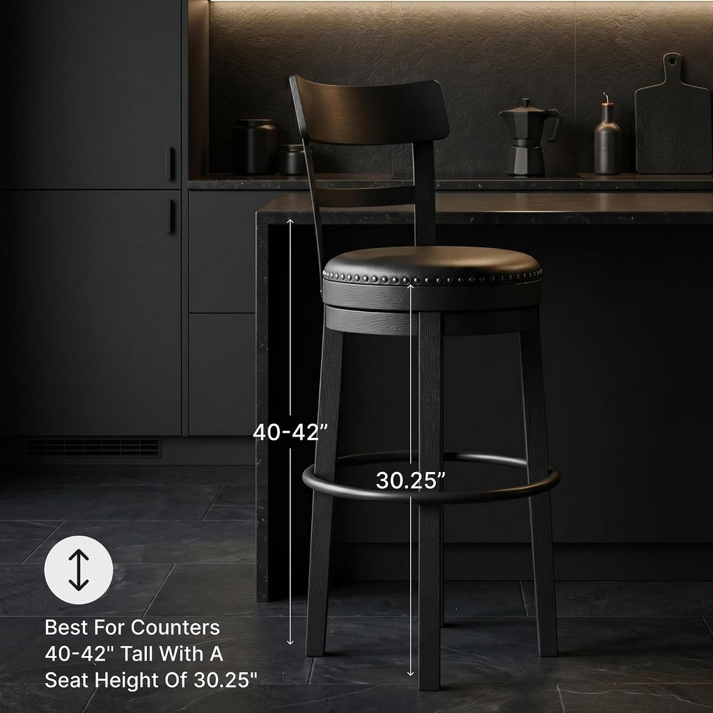 Signature Design by Ashley 30" Swivel Bar Height Bar Stool, Antiqued Black | Solid wood and metal frame, Easy-clean black faux leather seat with 360 swivel, Valebeck Series