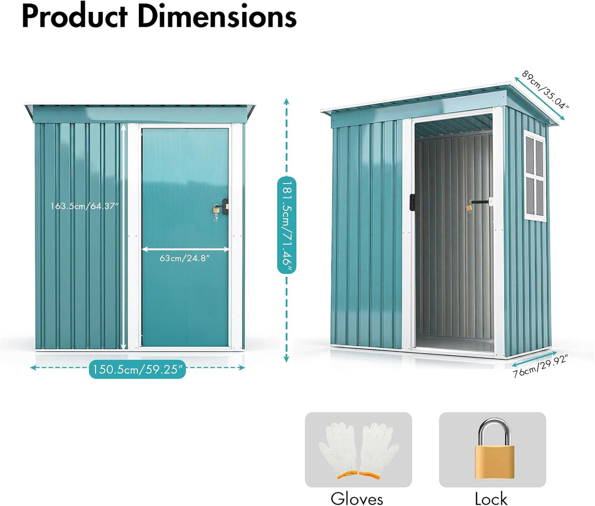 Metal Shed Garden Storage 5x3 FT, Garden Shed, Waterproof Galvanized Steel with Window, Outdoor Lean-to Shed with Sliding Door,Lock and Gloves for Patio, Garden, Backyard, Bike, Garbage, Bin