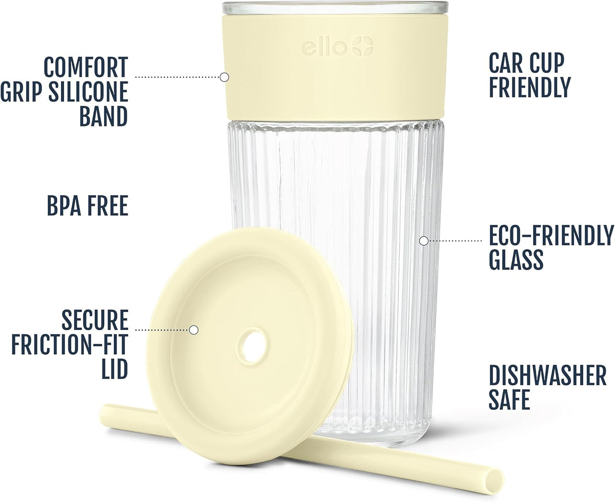 Ello Ava 18oz Glass Tumbler with Straw and Lid for Iced Coffee, Lemon