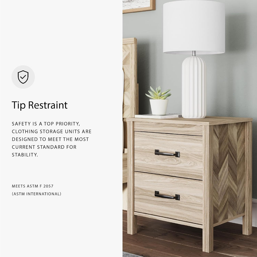 Signature Design by Ashley Battelle Nightstand, Mid Century Modern 2 Drawer Bedside Table, Engineered Wood Construction for Bedroom Storage, Light Oak Finish, 22 inches W