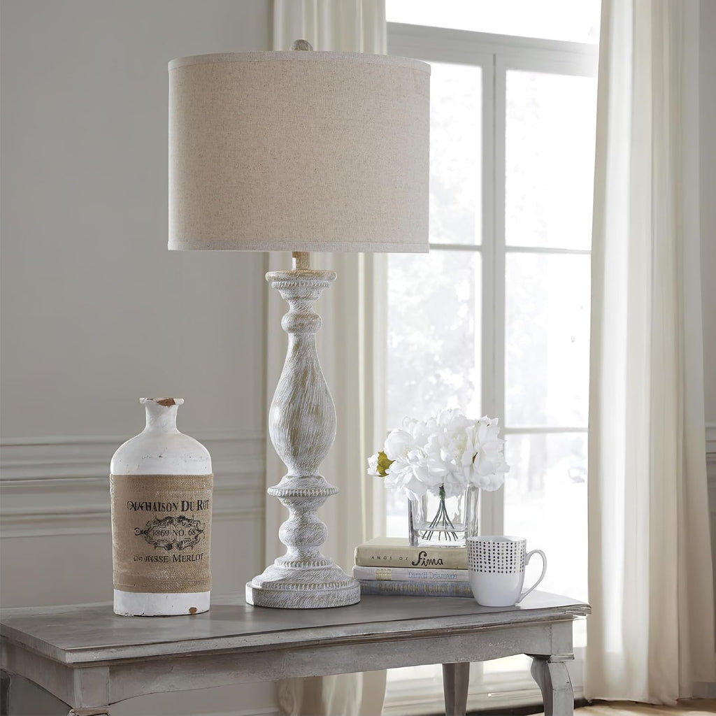 Signature Design by Ashley Table Lamps Set of 2, Tall Farmhouse, Whitewash | Durable 33-inch H cast resin pedestal base, Light fabric drum shade, Farmhouse style for end tables, Bernadate Series