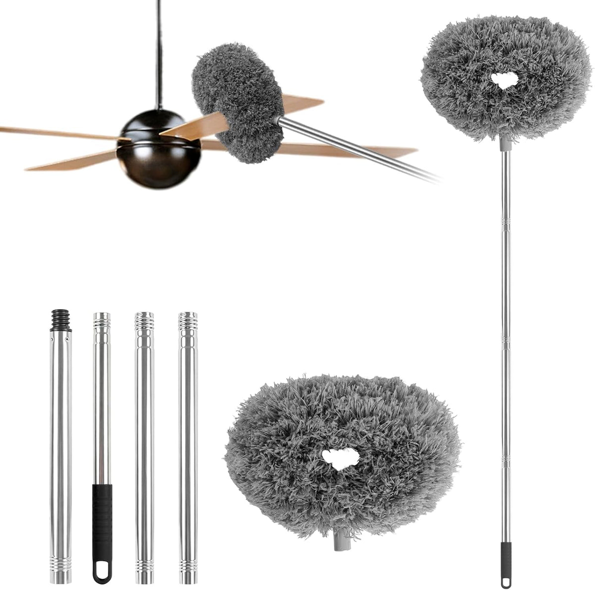 Ceiling Fan Cleaner Duster Reusable Microfiber Ceiling Fan Blade Cleaner Removable Duster with Extension Pole Adjusts 13 to 49.7 Inch for Cleaning Walls Bookshelves Furniture Door Window Top (Blue)