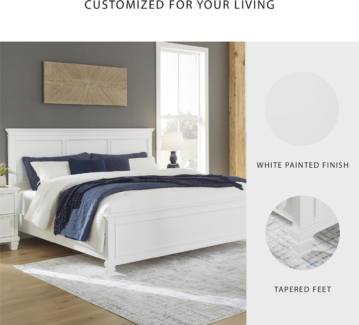 Signature Design by Ashley Fortman California King Panel Bed, White | Painted white finish with tapered feet, Hardwood solids and MDF substrate construction, Compatible with adjustable bases