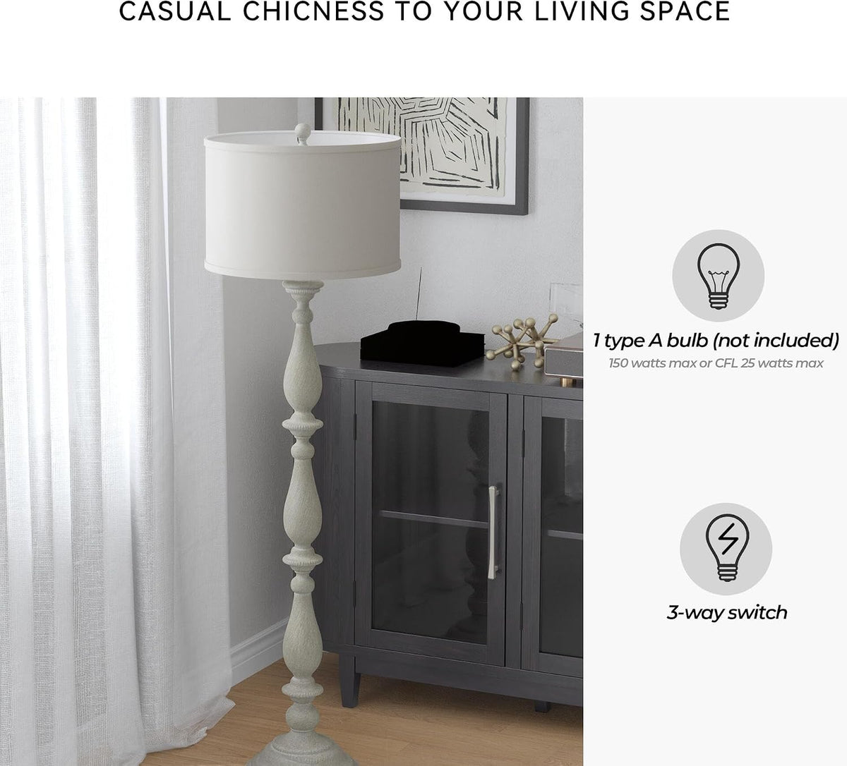 Signature Design by Ashley Bernadate Floor Lamp for Living Room, Whitewash | Fabric drum shade, 130-in power cord, 3-way switch, Cast resin construction, 14 lbs, 61-in height