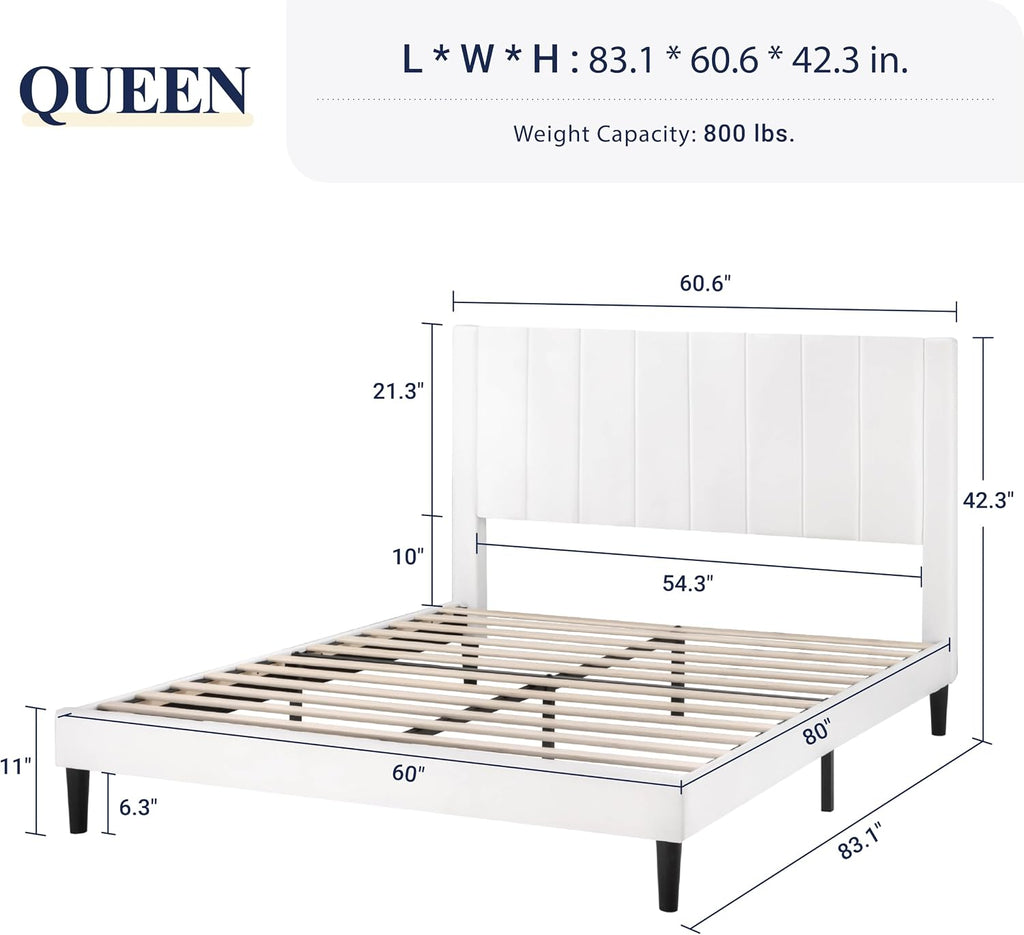 Allewie Queen Bed Frame/Velvet Upholstered Bed Frame with Vertical Channel Tufted Headboard/Strong Wooden Slats/Platform Bed Frame/Mattress Foundation/Box Spring Optional/Easy Assembly/White