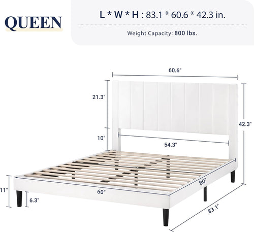 Allewie Queen Bed Frame/Velvet Upholstered Bed Frame with Vertical Channel Tufted Headboard/Strong Wooden Slats/Platform Bed Frame/Mattress Foundation/Box Spring Optional/Easy Assembly/White