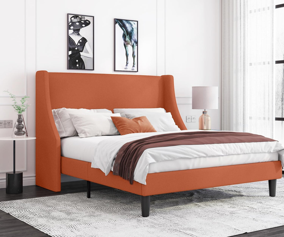 Allewie Full Size Platform Bed Frame with Upholstered Headboard, Modern Deluxe Wingback, Wood Slat Support, Mattress Foundation, Burnt Orange
