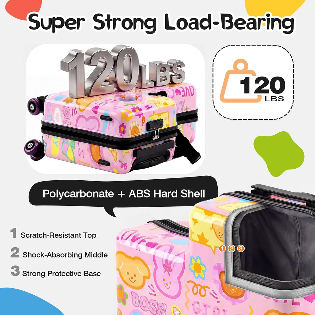 20" Ride On Luggage for Kids,Cute Pattern,Lightweight Hardshell Carry-On Luggage with Double Spinner Wheels,TSA Lock,Circular Handrail,Safety Belt,Foot Pedal,for Boys&Girls,Load Cap. 120 lbs (Pink)