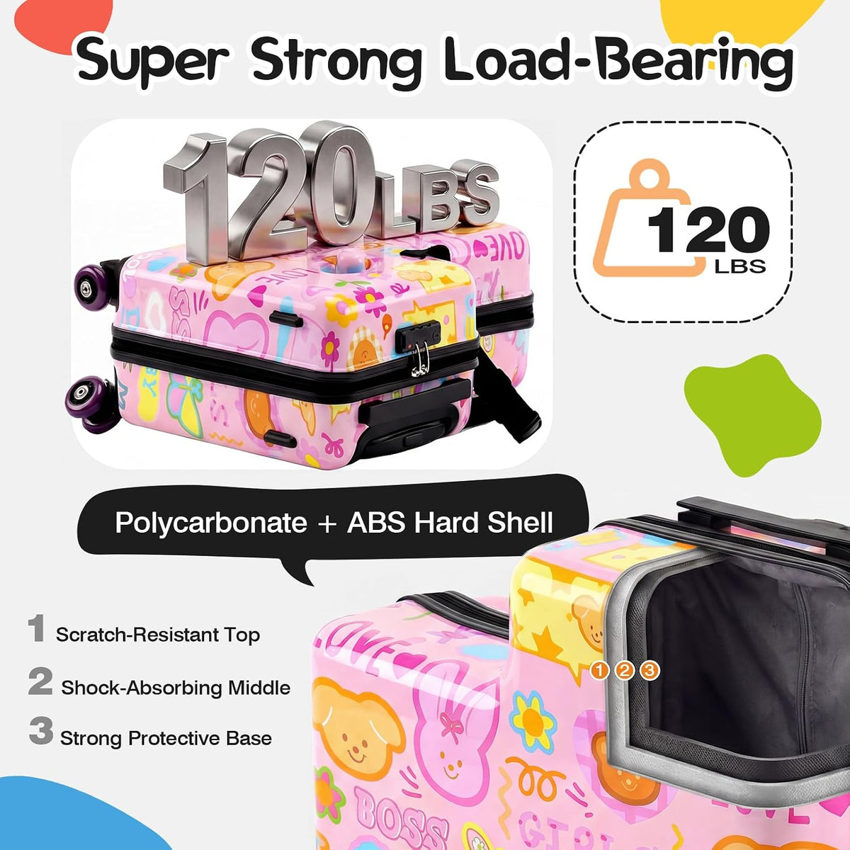 20" Ride On Luggage for Kids,Cute Pattern,Lightweight Hardshell Carry-On Luggage with Double Spinner Wheels,TSA Lock,Circular Handrail,Safety Belt,Foot Pedal,for Boys&Girls,Load Cap. 120 lbs (Pink)