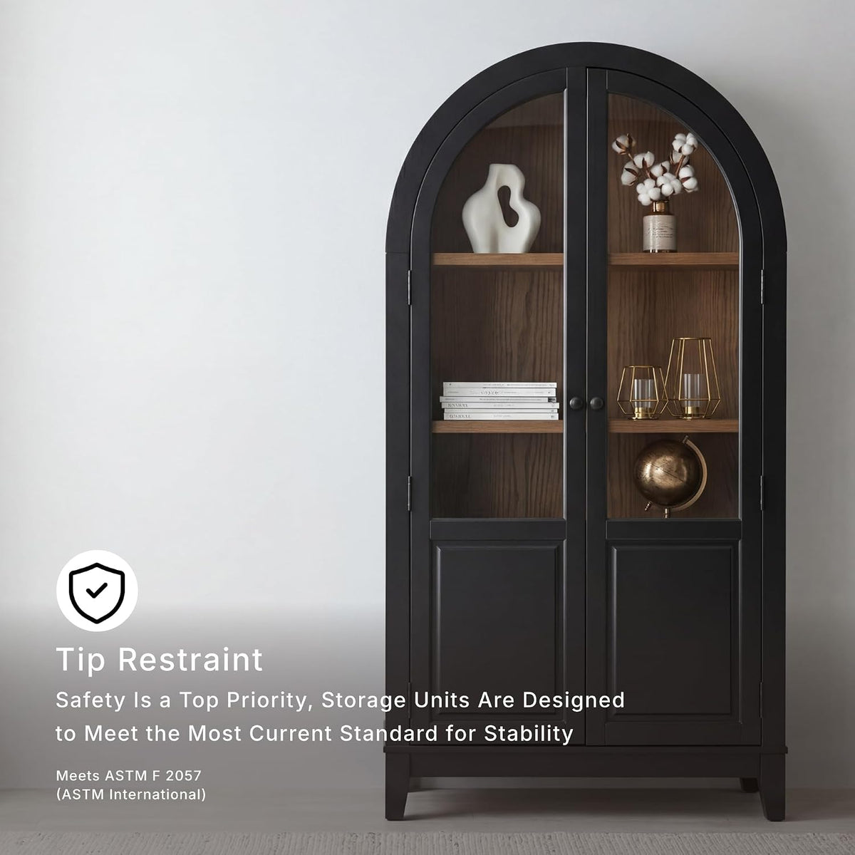 Signature Design by Ashley Tall Arched Display Cabinet, Black/Natural | Tall display console with tempered glass doors and 3 spacious shelves, Easy 15-minute assembly, Dagandale