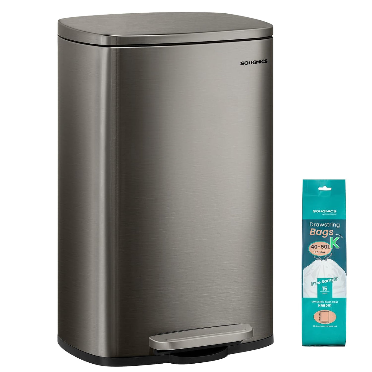 SONGMICS 13 Gallon (50 L) Trash Can, Stainless Steel, Step-On Pedal