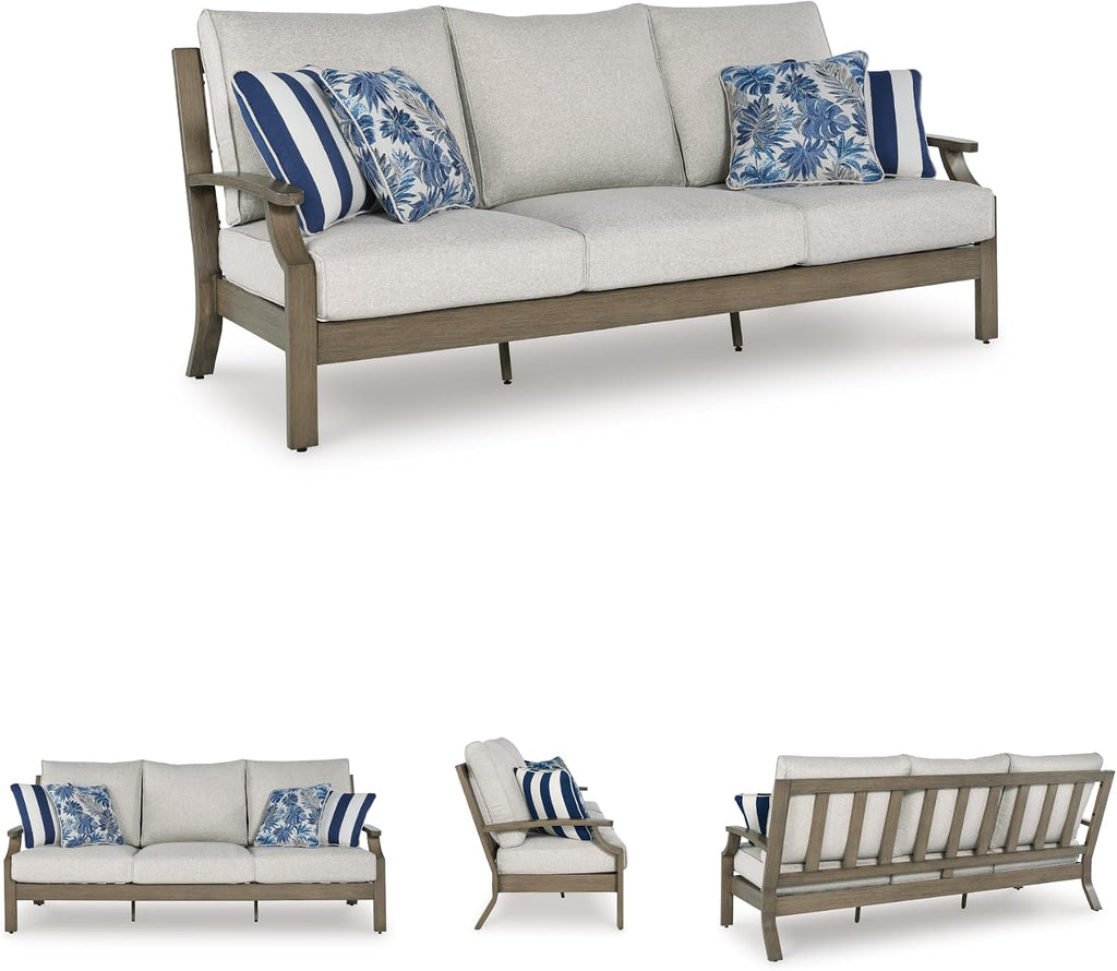 Signature Design by Ashley Rainier Ranch 3-Seat Outdoor Sofa, Beige | Rust-resistant wood-look aluminum frame, UV-resistant Nuvella+ cushions, 3-seat casual contemporary patio sofa