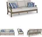 Signature Design by Ashley Rainier Ranch 3-Seat Outdoor Sofa, Beige | Rust-resistant wood-look aluminum frame, UV-resistant Nuvella+ cushions, 3-seat casual contemporary patio sofa