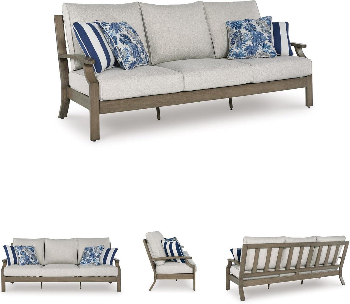 Signature Design by Ashley Rainier Ranch 3-Seat Outdoor Sofa, Beige | Rust-resistant wood-look aluminum frame, UV-resistant Nuvella+ cushions, 3-seat casual contemporary patio sofa