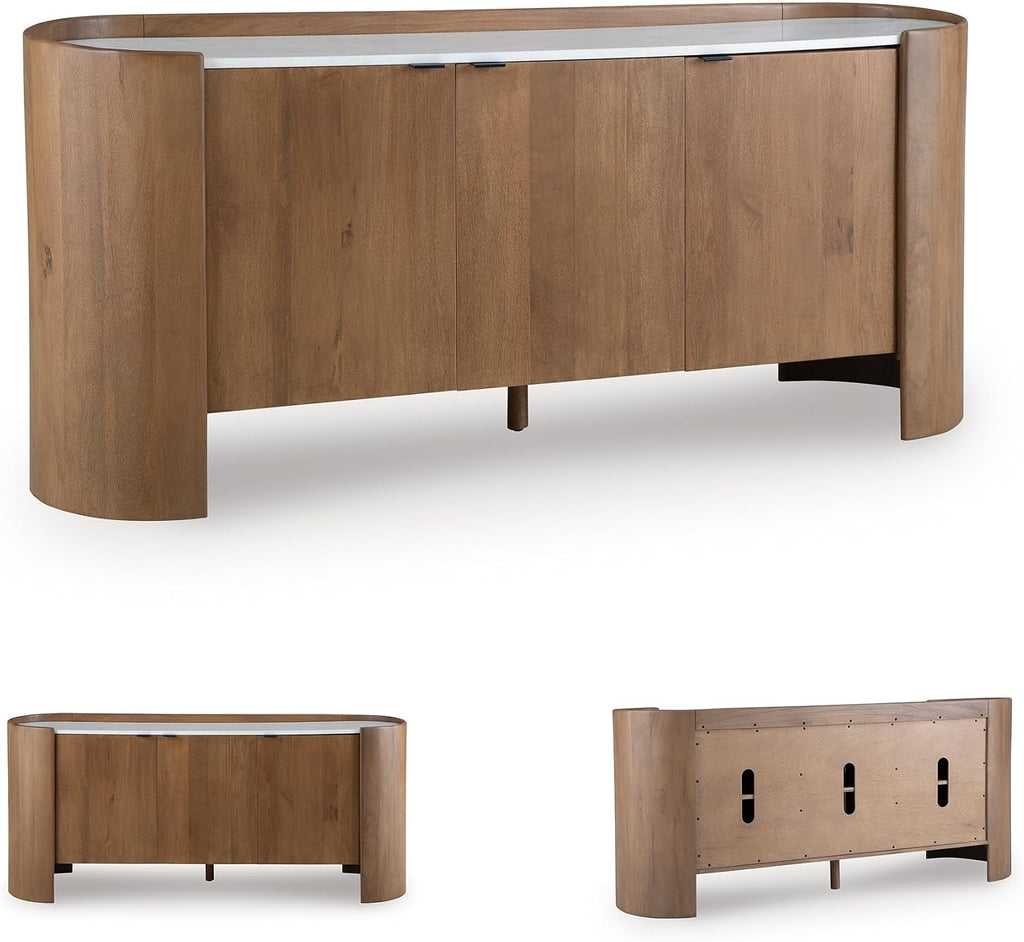 Signature Design by Ashley Modern Accent Cabinet, 66 in Credenza, Fitzroy | Solid mango wood sideboard, Mostly pre-assembled, 3 soft-close doors, Built-in cord management, Natural wood finish