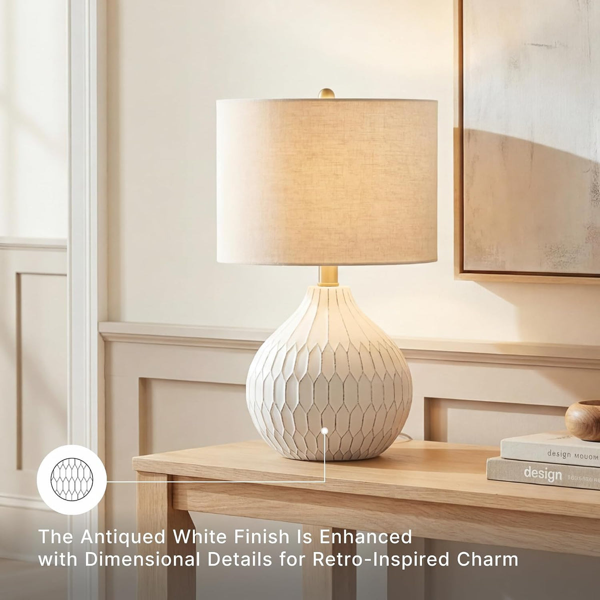 Signature Design by Ashley Ceramic Table Lamp, Bedside, Antique White | Textured wave ceramic base, Compact 18-inch height ideal for bedside nightstands and transitional styling, Wardmont Series