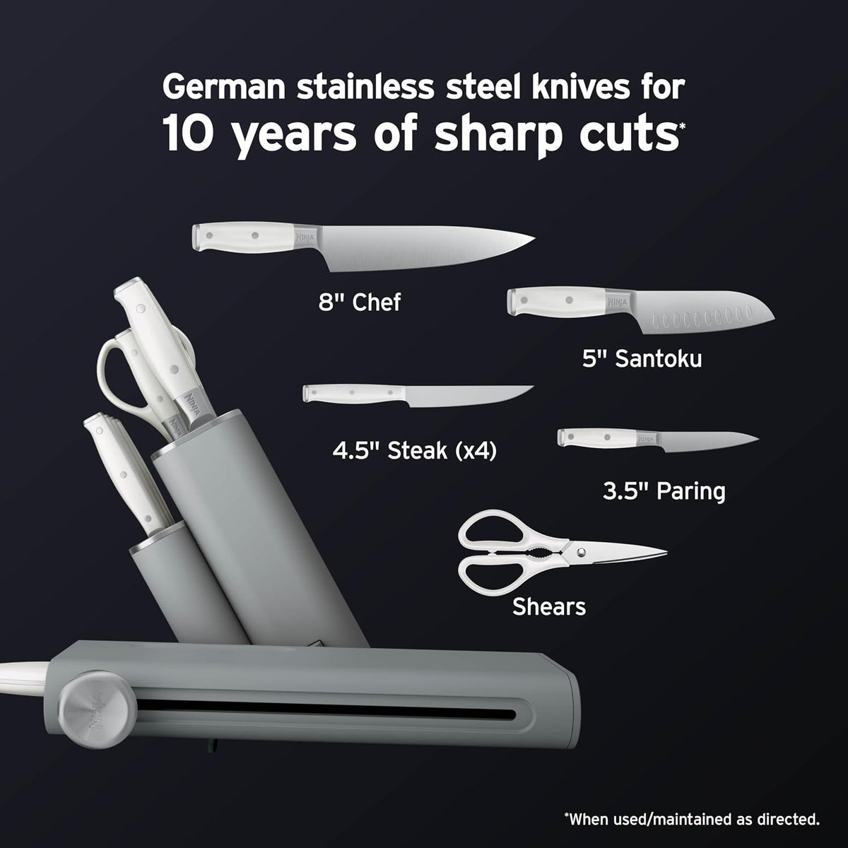 Ninja® NeverDull® 10-Pc German Steel Knife Set, Light Grey, NK32010GY1 | Stays razor-sharp 10+ years. Premium German steel. Removable sharpener stores in a drawer saving up to 35% more counter space