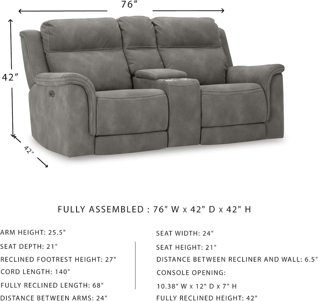 Signature Design by Ashley Power Reclining Loveseat Sofa with Console | Faux leather look, 15-minute assembly, Water-resistant DuraPella fabric, Zero-gravity reclining, Adjustable headrest