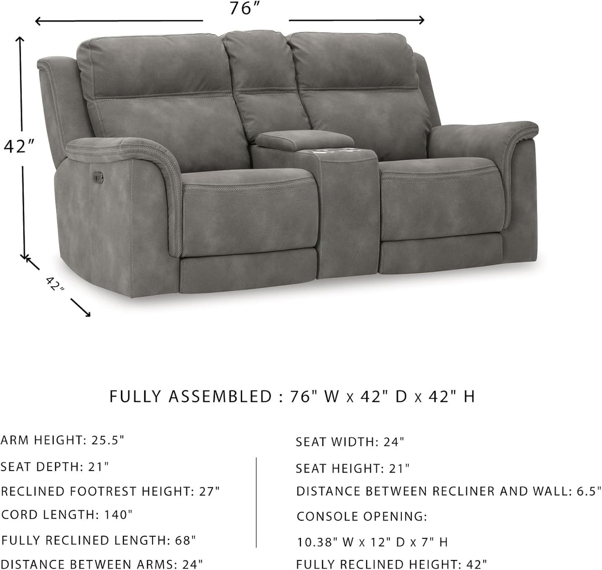Signature Design by Ashley Power Reclining Loveseat Sofa with Console | Faux leather look, 15-minute assembly, Water-resistant DuraPella fabric, Zero-gravity reclining, Adjustable headrest