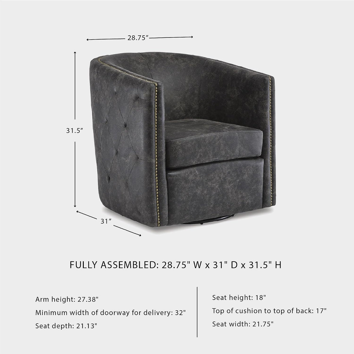 Signature Design by Ashley Swivel Black Faux Leather Accent Chair | Elegant tufted faux leather with brass nailheads, Hidden metal swivel base for effortless conversation, Brentlow Series