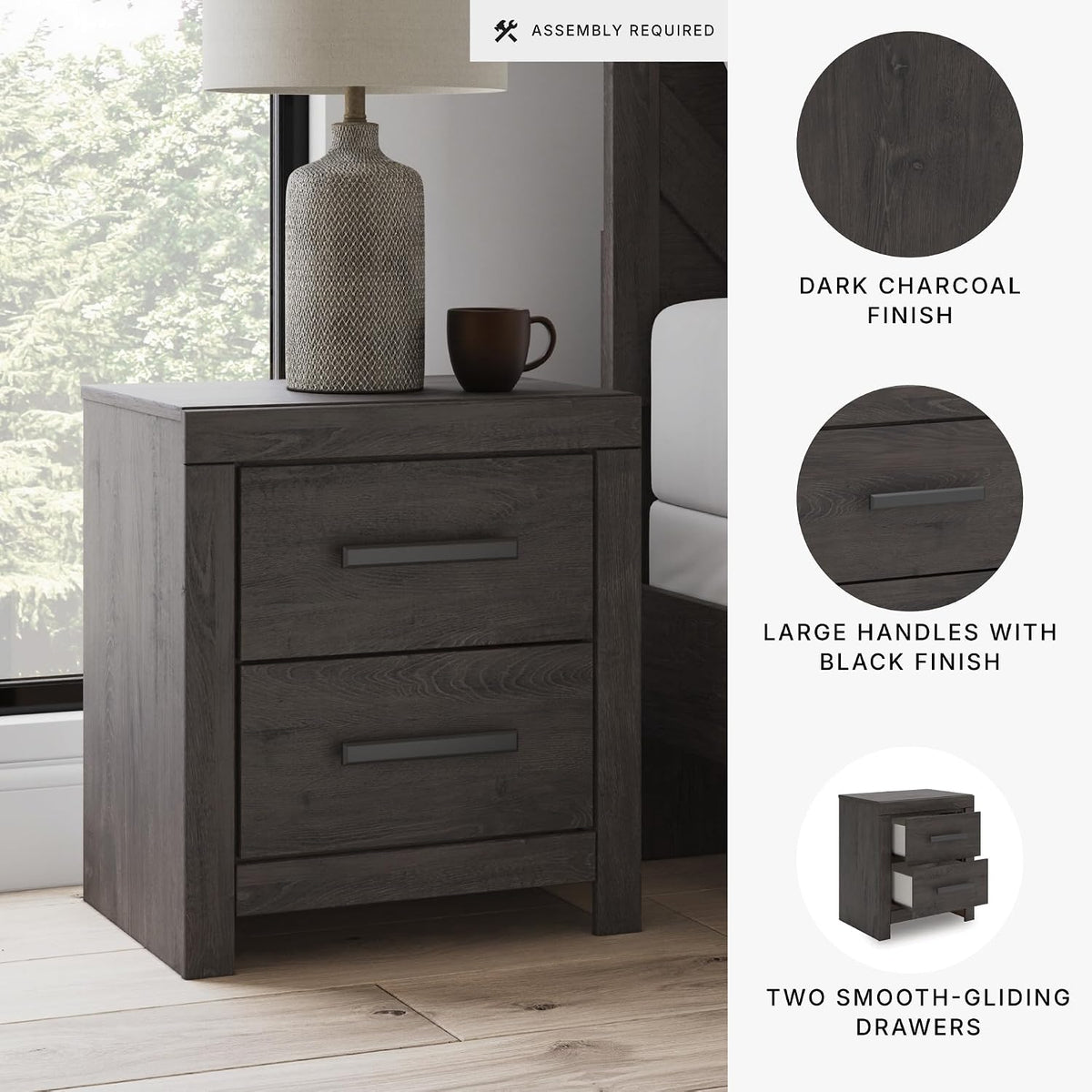 Signature Design by Ashley 2 Drawer Grey Nightstand, Charcoal, Prendonea | Engineered wood with decorative laminate, Smooth-gliding drawers, Replicated oak texture, Sturdy 41 lb solid frame