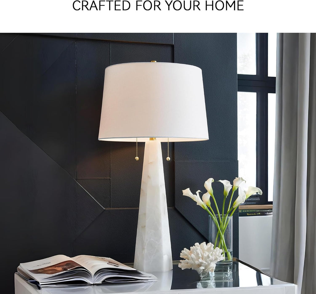 Signature Design by Ashley Laurellen Alabaster Table Lamp, Dual Pull Chain | White stone resin blend, 60W max per socket, Marble table lamp alternative, Luxe modern bedroom decor, 90-inch power cord