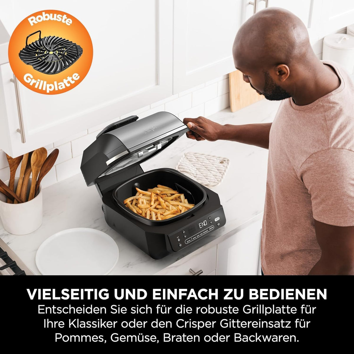 Ninja 5-in-1 Indoor Grill and Oil Free Deep Fryer, 5 Modes EG351EU | Cooks up to 4 burgers, 5.7L capacity, low smoke emission, digital meat thermometer included
