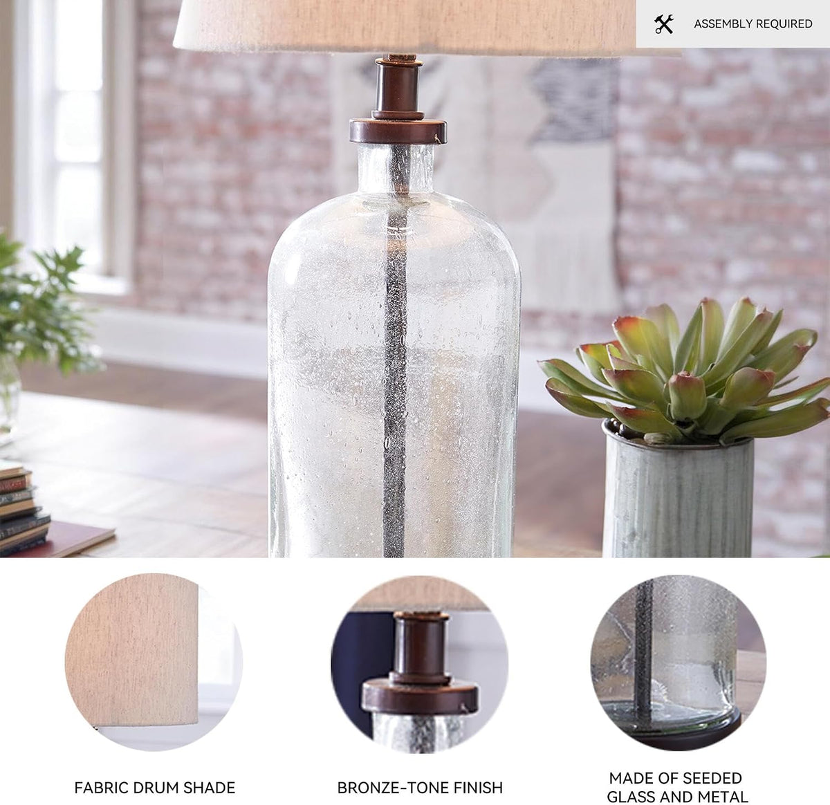 Signature Design by Ashley Bandile Seeded Glass Bedside Table Lamp, Bronze | Textured clear glass base, Light fabric drum shade, Modern farmhouse style, Living room reading spaces