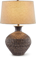 Signature Design by Ashley Magan Metal Table Lamp, 28", Antique Bronze | Antique bronze-tone metal base, Textured pattern, Fabric modified drum shade, Living room or entryway use, 3-way switch