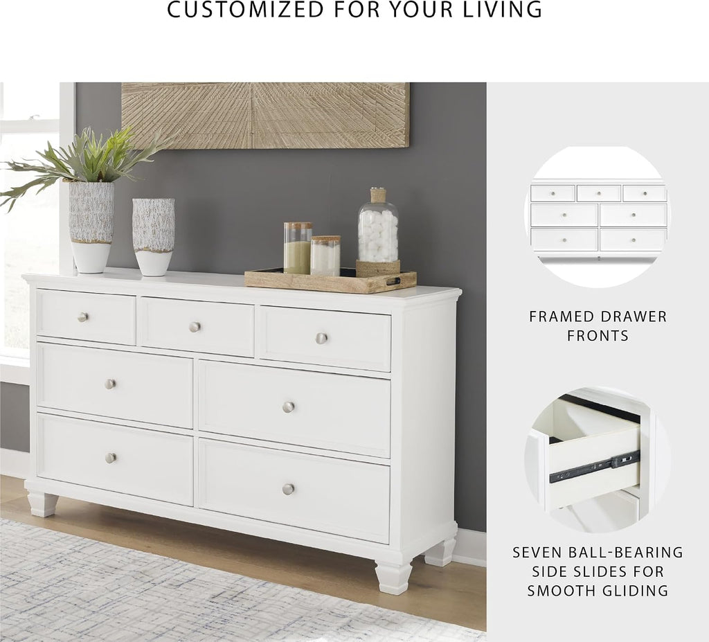Signature Design by Ashley Fortman White 7-Drawer Wide Dresser for Bedroom | Painted wood chest, Tapered feet, Smooth ball-bearing glides, Durable hardwood solids and MDF substrate construction