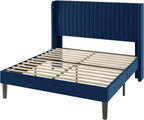 Allewie Queen Size Velvet Bed Frame/Vertical Channel Tufted Wingback Headboard/Upholstered Platform Bed/Strong Wooden Slats/No Box Spring Needed/Easy Assembly/Dark Blue