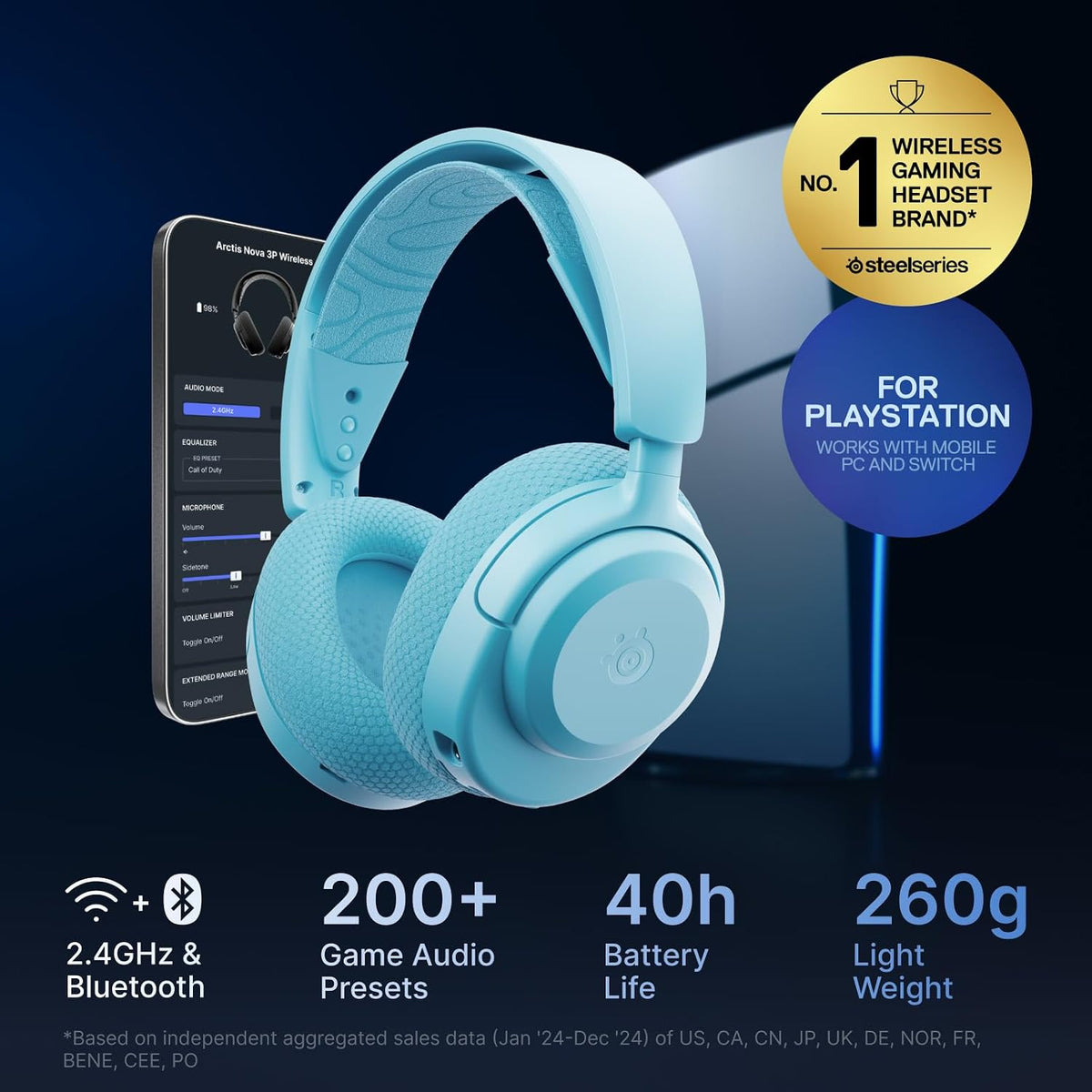 SteelSeries Arctis Nova 3P Wireless - PS5 Headset - Gaming Headset - Mobile App Control - 40 HR Battery with fast charging - Compatible with PlayStation, PC, Switch - 2.4GHz/Bluetooth - Aqua