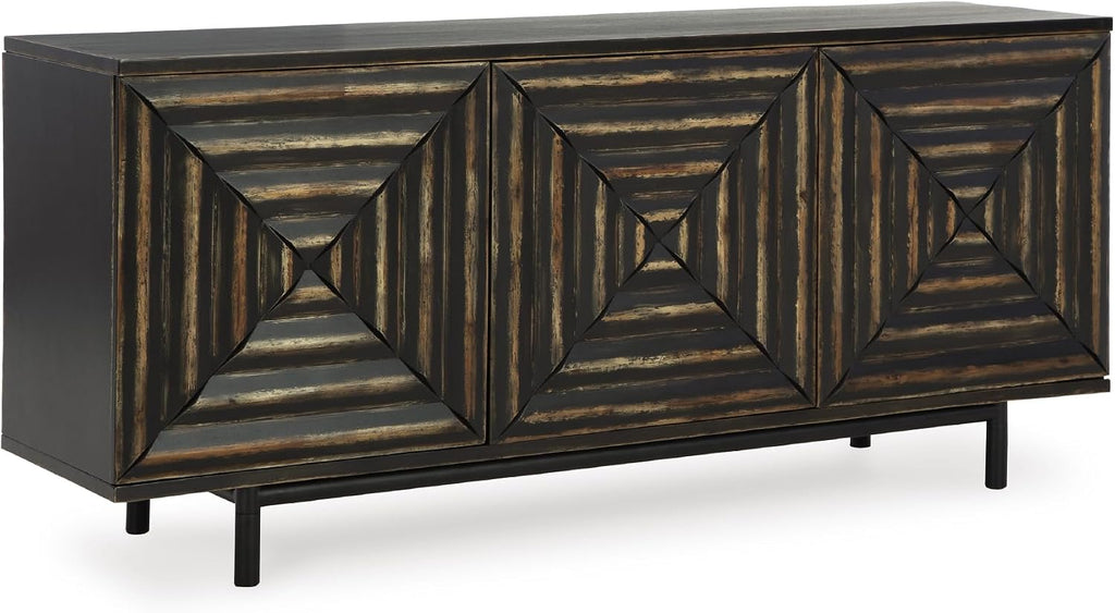 Signature Design by Ashley 72" Black Accent Cabinet Sideboard Buffet | Geometric casual credenza with adjustable shelves, Distressed black wood, veneer and engineered wood, Fair Ridge Series