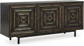 Signature Design by Ashley 72" Black Accent Cabinet Sideboard Buffet | Geometric casual credenza with adjustable shelves, Distressed black wood, veneer and engineered wood, Fair Ridge Series