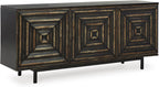 Signature Design by Ashley 72" Black Accent Cabinet Sideboard Buffet | Geometric casual credenza with adjustable shelves, Distressed black wood, veneer and engineered wood, Fair Ridge Series