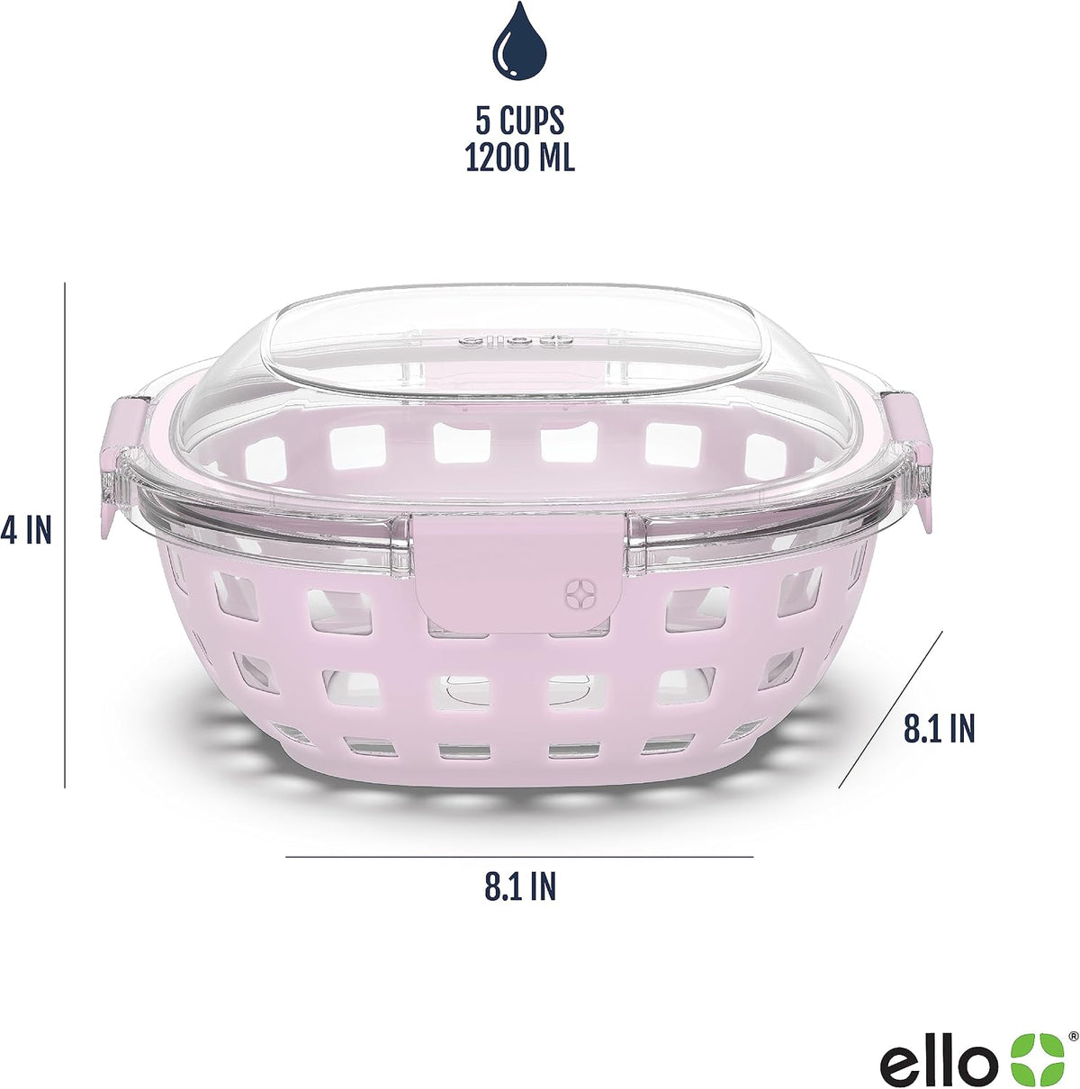 Ello DuraGlass Food Storage Glass Lunch Bowl Container - Meal Prep Container with Silicone Sleeve and Airtight Lid, 5 Cup, Cashmere Pink